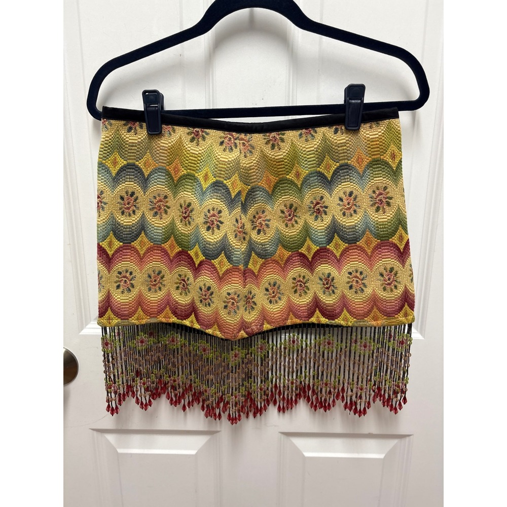 William B Portabelli Tapestry Mini Skirt Beaded Fringe Floral Cotton Silk USA